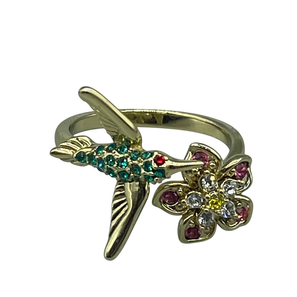 Gold Tone Hummingbird and Flower Bypass Ring Multi Color Crystal Size‎ 7.5 Sweet